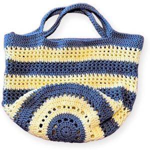 Vintage Crochet Tote Bag Purse - Yellow & Gray Stripes